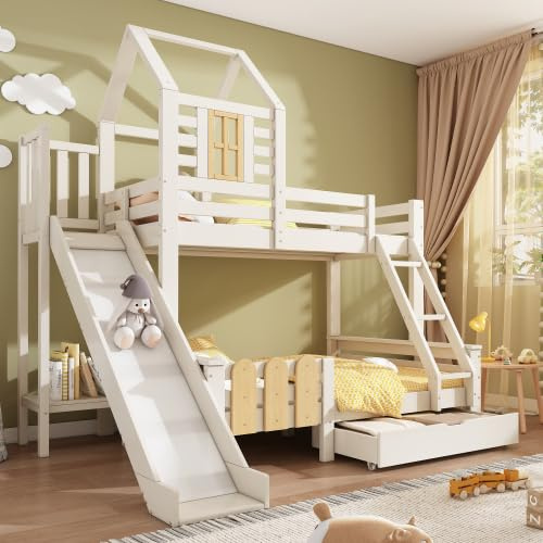 SURUEO Bunk Beds for Kids, Wooden Cabin Bed with Ladder and Slide, Multi-functional Children's Treehouse Bed, Twin Sleeper (90+135) x 190 cm, Solid Wood, White