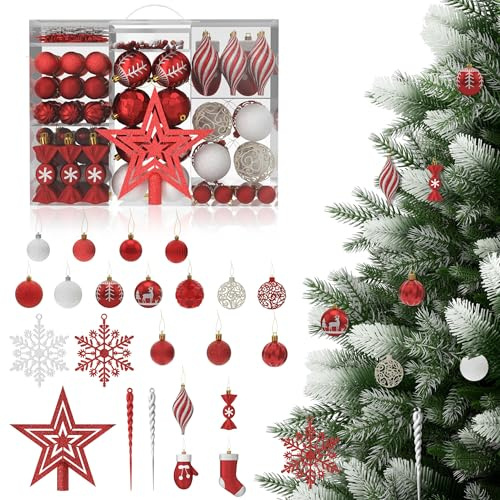 HENGMEI Weihnachtskugeln 138tlg Set Christbaumschmuck Kunststoff mit Stern Spitze Christmas Decorators Aufhängen Christbaumkugel (Burgunderrot)