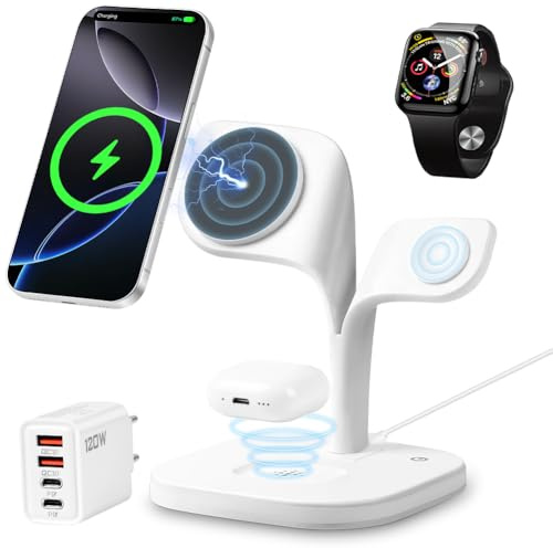 APXEL Magnétique Station 5 en 1, Station de Charge Magnétique, Chargeurs à Induction avec Veilleuse pour iPhone 12-17/Pro/Pro Max/Apple Watch Ultra/SE/Series 2-10 et AirPods 2/3/4/Pro/Pro 2