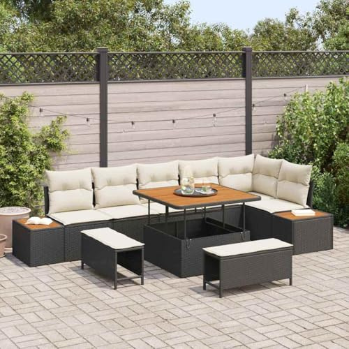 Bucmath Gartensofa-Set 9-teilig Schwarz Poly-Rattan, Akazienholz, Eckbank mit Kissen, modular, wetterfest, für Terrasse, Balkon und Garten