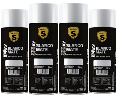 SPSIL Pintura Spray Mate Blanco Mate(pack of 4) 400ml, Secado Rápido Profesional, Aplicación Fácil en Metal Madera Plástico, Interior Exterior Ideal DIY Decoración Muebles Automóviles