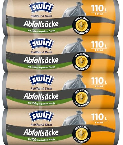 Swirl Abfall-Müllsack 110L (4x 8 Beutel), Müllsäcke ohne Verschluss, besonders belastbar und reißfest für Abfälle aus Haus und Garten