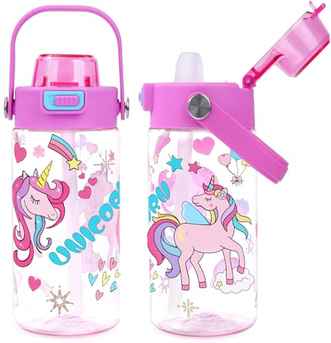Queenshin Botella de Agua Niñas con Pajita 600ml, a Prueba de Fugas, Sin BPA, Deportiva Botella para Escuelas Exterior(Unicornio Arcoíris)