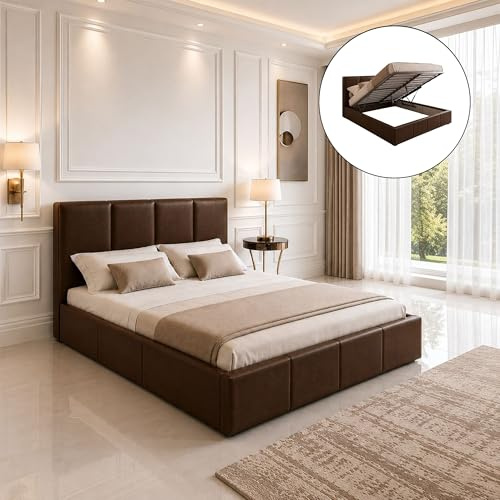 SANA SLEEP 4FT6 Double Size Modern Pia Ottoman Gas Lift Storage Faux Leather Bed with Mattress- Brown