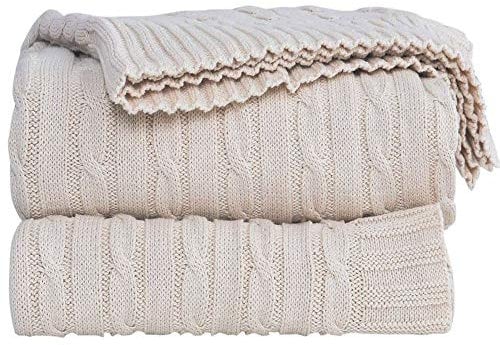 Knitted Throw Blanket 100% Cotton Home Bed Blanket,51x70 Inch Soft Cozy Lightweight Cable Knit Blanket Suitable for Sofa Couch Bed Chair Car Office Travel (Cream, Twist Pattern)