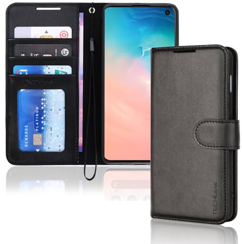 TECHGEAR Coque Portefeuille Compatible avec Galaxy S10e, Étui Flip en Cuir avec Rabat de Protection, Fentes pour Cartes, Béquille et Dragonne, Faux Cuir PU Noir pour Samsung Galaxy S10e