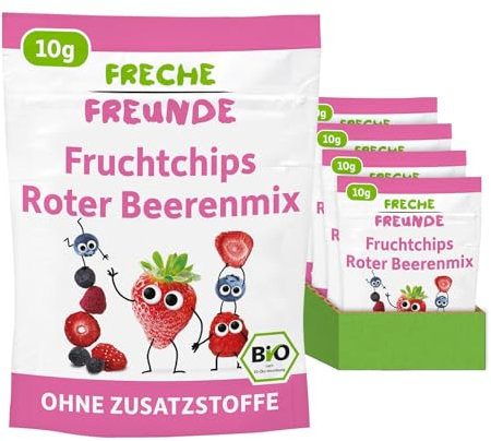 FRECHE FREUNDE Bio Fruchtchips Beerenmix, gefriergetrocknete Obst Chips, natürliche Trockenfrüchte in Scheiben ohne Zuckerzusatz, vegan, laktosefrei, glutenfrei, 12er Pack (12 x 10g)