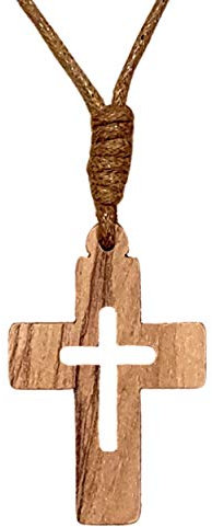 AMPALS,Collar con Cruz Auténtica Madera de Olivo Hecho a Mano en Jerusalén,Caja de Cordón de Yute Kraft,Regalo, Comunión,Día Cristiano,Cumpleaños,Protección del Automóvil,Bienestar