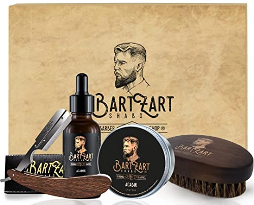 BartZart Shabo Bartpflege Set 5 tlg. I Set aus Rasiermesser mit Wechselklingen I Bartöl I Bartwachs I Bartbürste I Das Beste aus den BartZart Produkten in eine Box