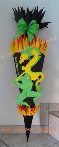 Schultüten Bastelset Ninja mit Drachen schwarz-gelb-hellgrün MaterialType 3D Wellpappe-Rohling