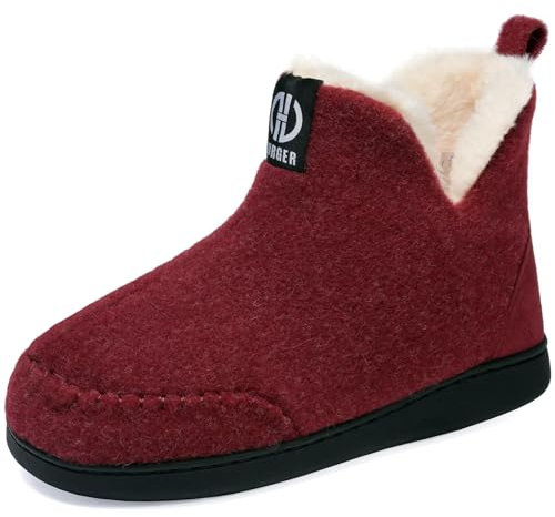 GURGER Chausson Montant Femme Feutre Fourrure Hiver Pantoufles Hautes Bottes Chaussons Homme Bottines Chausson Doublé Chaud Peluche Rouge 42 43