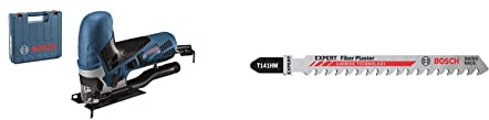 Bosch Professional Stichsäge GST 90 E (1x Sägeblatt, Absaug-Set, im Koffer) + 3x Expert ‘Fiber Plaster’ T 141 HM Stichsägeblatt (für Faserzementplatten, Gipskartonplatte, 100 mm, Zubehör)