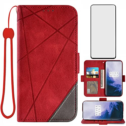 Asuwish Handyhülle für OnePlus 7 Pro Hülle mit Glas Folie Schutzfolie Kartenfach Klappbar Leder Geldbörse Ständer 7Pro GM1913 Handy Hüllen Schutzhülle Handyhüllen Panzerfolie Schutzglas Phone Case Rot