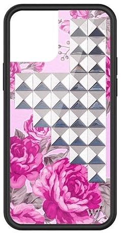 Wildflower Schutzhülle für Apple iPhone 12 / 12 Pro, Motiv: Rosa Blumenmuster mit silberfarbener Pyramidenform, niedlich, rosa, Nieten, floral, schützender schwarzer Stoßschutz, 1,2 m