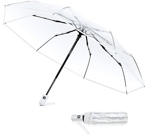 Theaque Transparenter Faltschirm Vollautomatischer Klarer Faltbarer Regenschirm 8 Rippen Tri-Fold Auto Open Close Regenschirme für Regen Reisen Hochzeit (Weiß)