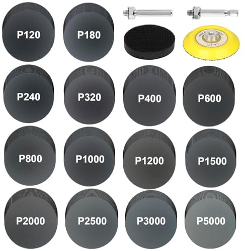 Rvetol 140 dischi abrasivi da 7,6 cm, assortiti grana 120-5000 in carburo di silicio, carta vetrata con gancio e anello da 6,35 mm e tampone in schiuma per smerigliatrice per trapano, utensili rotanti