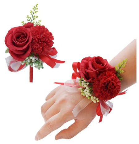 Wisafory 2 Stück Handgelenk Blume Corsage Boutonniere Set Hochzeit Ansteckblumen Braut Brautjungfer Blume Armband Knopflochblumen Brautschmuck Accessoires für Hochzeit Abschlussball Rot