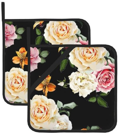 Wurton Juego de 2 soportes para ollas con estampado de rosas de color crema y salvamanteles de doble función de 8 x 8 pulgadas para cocinar y hornear