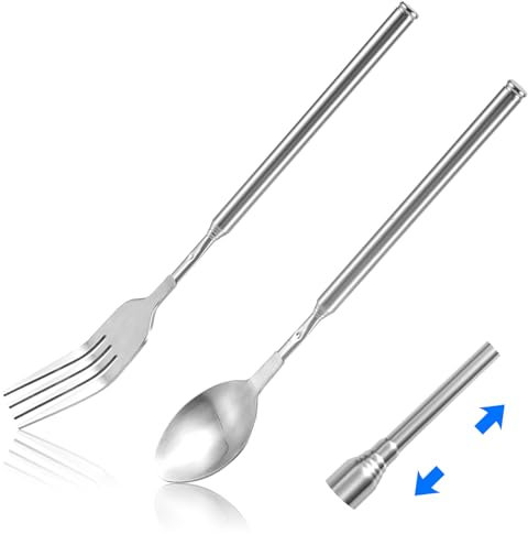 Fourchette Cuillère Extensible, Fourchette Longue Acier Inoxydable Fourchette Télescopique Ensemble Cuillères Rallonge Fourchette Dîner Cuillère Rallonge s'Étend Vaisselle Barbecue Fruits