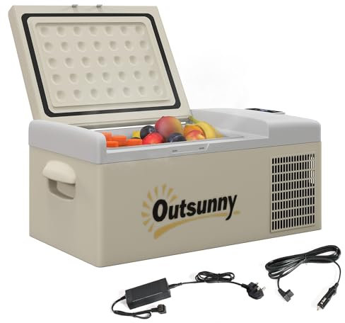 Outsunny 16L Car Refrigerator, Portable Compressor Camping Fridge Freezer with 12/24V DC and 100-240V AC for Car, RV and Camping Use, Down to -20℃, Khaki