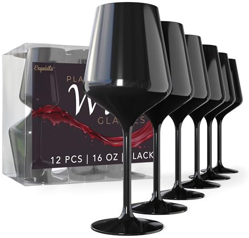 Exquisite 12 Plastic Wine Glasses Disposable 16 Oz Plastic Drinking Glasses - Black Plastic Wine Glasses with Stem the Disposable Wine Glasses for Parties and Events for Indoor and Outdoor Use