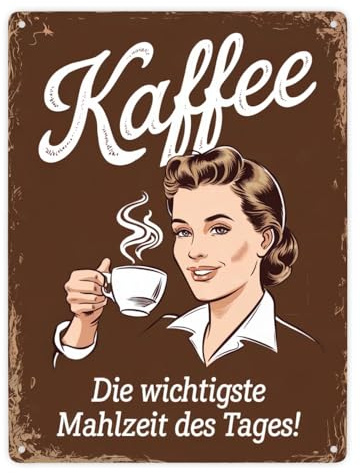 Kaffee - wichtigste Mahlzeit des Tages Metallschild XXL in 28x38 cm Vintage-Stil Metallschild XXL in 28x38 cm in Brauner Optik für die Küche Kaffee-Ecke Küche Dekoration