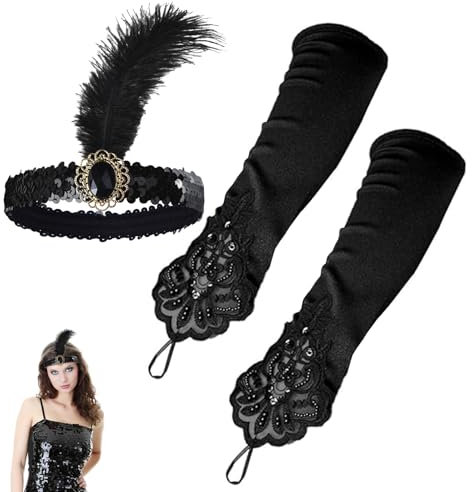 HAYGEM Handschuhe Damen Mittelfinger-Hakenfinger, Sexy Lange Handschuhe Schwarz mit Schwarzem Feder Pailletten Haarband, Fingerless Seidenhandschuhe, für Partys, Hochzeiten und Abendessen