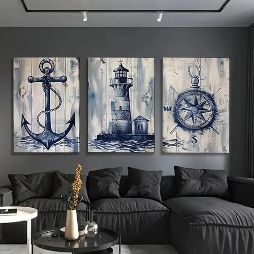 3er-Set Wanddekoration im Vintage-Stil im maritimen Stil – Leinwandposter mit Leuchtturm-, Anker- und Kompassmustern für die Heimdekoration im Wohnzimmer, 20 x 30 cm (8 x 12 Zoll) x 3, rahmenlos