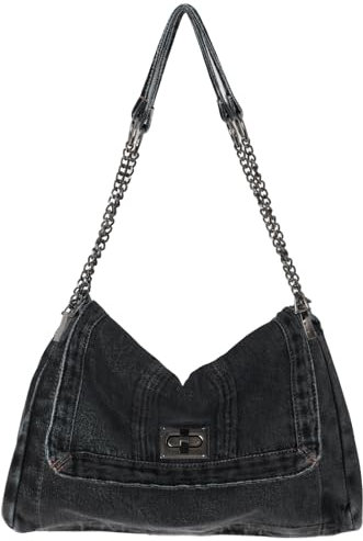 Adigau Damen Denim Umhängetasche Elegante Schultertasche Lässige Handtasche Vintage Tote Tasche Crossbody Taschen Tragetaschen mit Metallic Kette Schulterriemen Schwarz