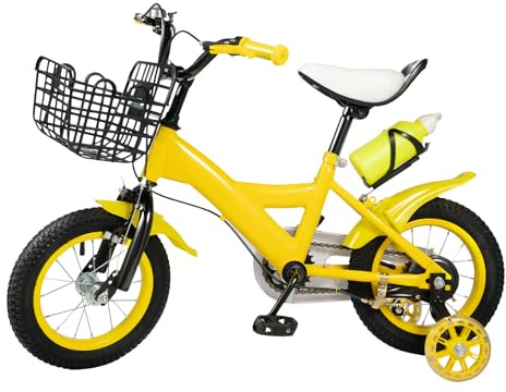 Mqwdxzfes 12 Zoll Kinderfahrrad, Kinderrad mit Stützrädern Korb & Klingel, Höhenverstellbares Kinderrad, Outdoor Sicheres Laufrad Anfänger Kinderfahrrad für Jungen Mädchen 2-4 Jahre, Gelb