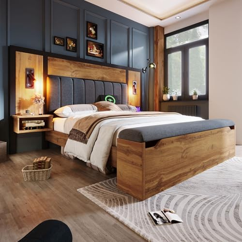 LINKHOO Doppelbett Polsterbett, Bettanlage mit Leselampe und USB C Nachttisch und Sitzbank mit Stauraum, Bettgestell mit Lattenrost aus Metall, Holz und Leinen(Ohne Matratze), 180×200, Eiche