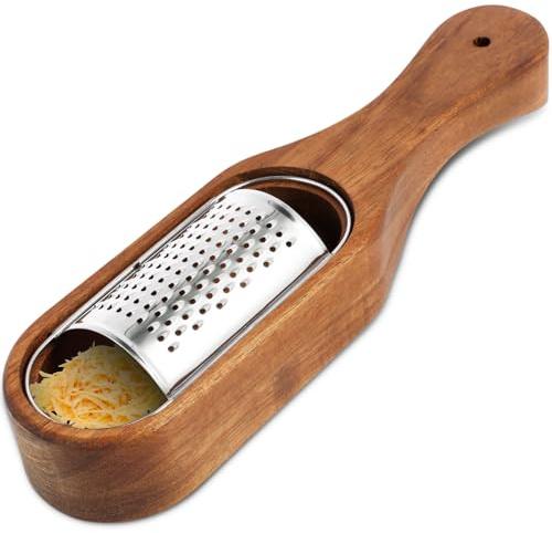 Cheese Grater with Container, Stainless Steel Cheese Shredder with Wooden Handle, Shredder Zester Grater Box Handheld Cheeses Spoon Graters for Grating Carrots Cheeses Chocolate, Sliver(Handle)