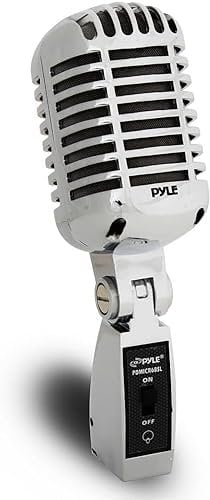 PYLE Micrófono Vintage, Vocal, Dinamico, Unidireccional, Cable XLR, Metal, Adaptador de Soporte Universal, Color Plata