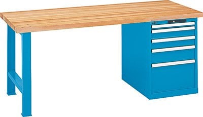 LISTA Werkbank, 1 Fuß, 1 Schubladenblock, 5 Schubl. 1x50, 2x100, 1x150, 1x300 mm, Zylinderschloss, Buchepl . 50 mm, BxTxH 2000x800x850 mm, RAL 5012 lichtblau