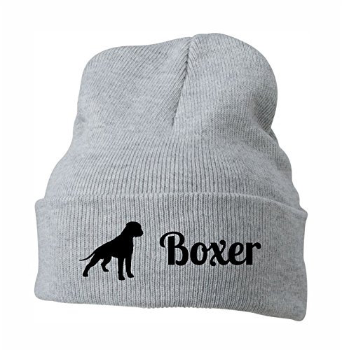 siviwonder Beanie strickmütze mit Hunderasse Stickerei - Boxer Deutscher Diensthunderasse - Stickerei Hund Winter Mütze warm für gassi Spaziergang hellgrau-schwarz