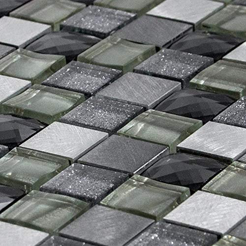 Luxury Grey, Silver & Ivory Glass & Brushed Steel Mosaic Wall Tile Sheet 8mm