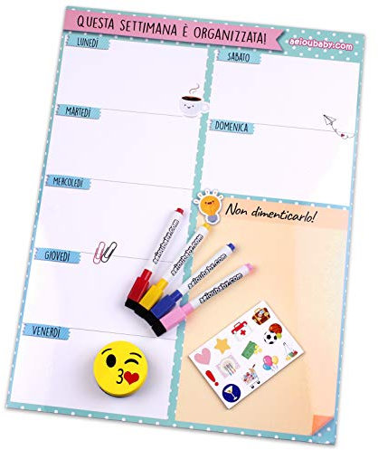 Planificador Semanal Magnético, 4 Rotuladores de Colores, 12 Imanes, 1 Borrador | Calendario Nevera 43x32cm Pizarra Cocina| Organizador Recordatorio Lista de la Compra Menú | Caja regalo(Italiano)