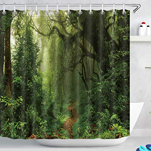 LB Grüner Wald Duschvorhang 240X175cm Dschungel,exotisches Laub,Palme Bad Vorhänge Extra Breit Polyester Wasserdicht Anti Schimmel Badezimmer Deko Heimzubehör mit Vorhanghaken