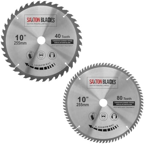 Saxton TCT Kreissägeblätter für Holz, 255 mm x 40 & 80T x 25,4 mm Bohrung, passend für Evolution Rage Sägen (2 Stück)