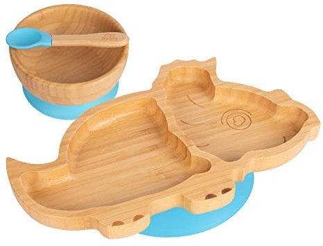 Tiny Dining Baby Dinner Set - Dinosaur - Blue - 3pc - Divided Non-Slip Bamboo Self-Feeding Weaning Plate, Bowl & Spoon for Babies, Toddlers, Children