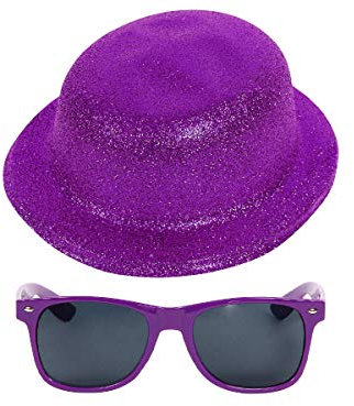Alsino Glitzerhut Flacher Glitzer Melonenhut Partyhut Party mit Sonnenbrille für Silvester JGA Fasching Karneval Kostüm Lila Unisex Erwachsene Einheitsgröße