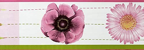 Dundee Deco MGAZBD2086 Frise de Papier Peint, Frise Murale, Bordure de papier peint auto-adhésif Motif fleurs et coquelicots verts, fleurs d'aster, 10 m x 10 cm Autoadhésif Autocollant