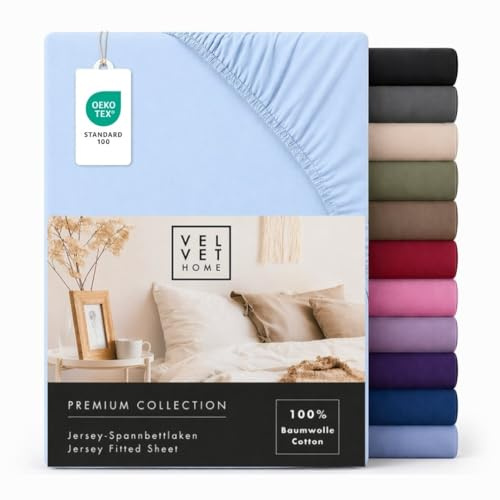 VelvetHome Spannbettlaken 120x200cm Jersey 100% Baumwolle, Hell-blau | Spannbetttuch 120x200 für Matratzen & Topper bis 25 cm, gekämmte Baumwolle, OEKO-TEX, weich atmungsaktiv bügelfrei elastisch