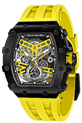 TSAR BOMBA Herren Uhr Automatik Tonneau Skelett Luxus Armbanduhr 50M Wasserdichter Analoge Mechanische Tauchen Quadratische Hohle Watch Japanisches Uhrwerk Saphirspiegel Silikonband, TB-8208SGLZ