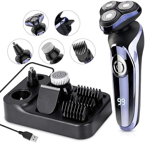Afeitadora electrica hombre en seco y en húmedo 5 en 1, maquina de afeitar hombre rotativa con cortapelos de precisión IPX7, resistente al agua, Razor eléctrica multifuncional 5en1 para hombres