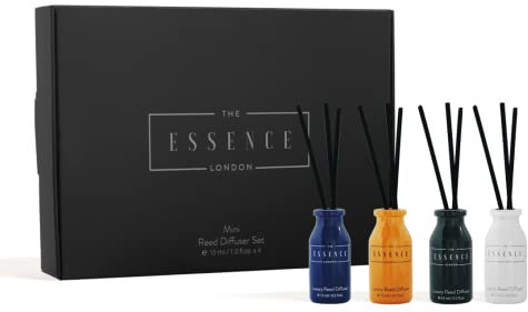 Essence London Reed Diffuser Oil Bottles, 4 Pc. Mini Set with Aromatherapy Fragrances and Diffusing Sticks for Living Room, Home, and Office, 15 mL Each