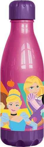 Tataway Bouteille en plastique Disney Pink pour filles Princesses Cendrillon Jasmine Blanche-Neige Belle Ariel 560 ml avec bouchon à vis
