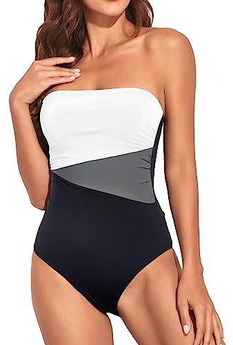 Holipick Women Tummy Control One Piece Swimsuits Swimming Costume Strapless Bandeau Bathing Suits Slimming Halter Swimwear, Black White Grey, S
