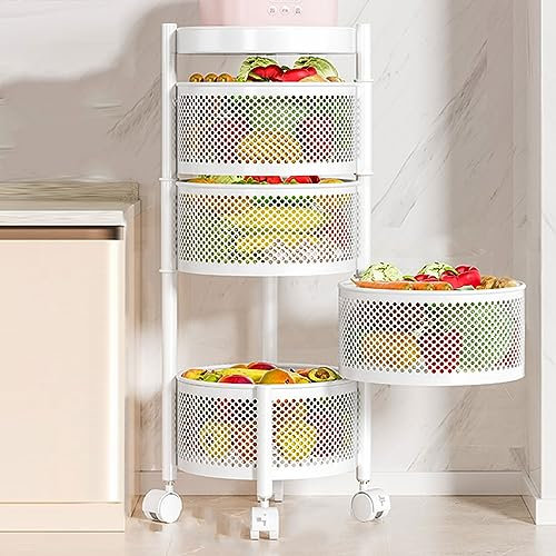 Carrito de Cocina Auxiliar con Ruedas, con Cesta Giratoria y Ruedas Universales, Almacenamiento en Capas, Material de Acero Al Carbono, Sin Instalación, Ahorra Espacio ( Color : White , Size : 4 layer