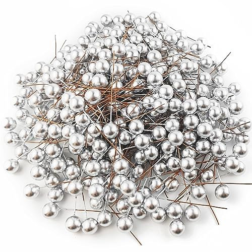 GXXMEI Künstliche Stechpalmenbeeren, Mini-10 mm, künstliche Beeren, Dekoration auf Draht für Weihnachtsbaumschmuck, Blumenkranz, DIY, Handwerk, 300 Stück (Silber)